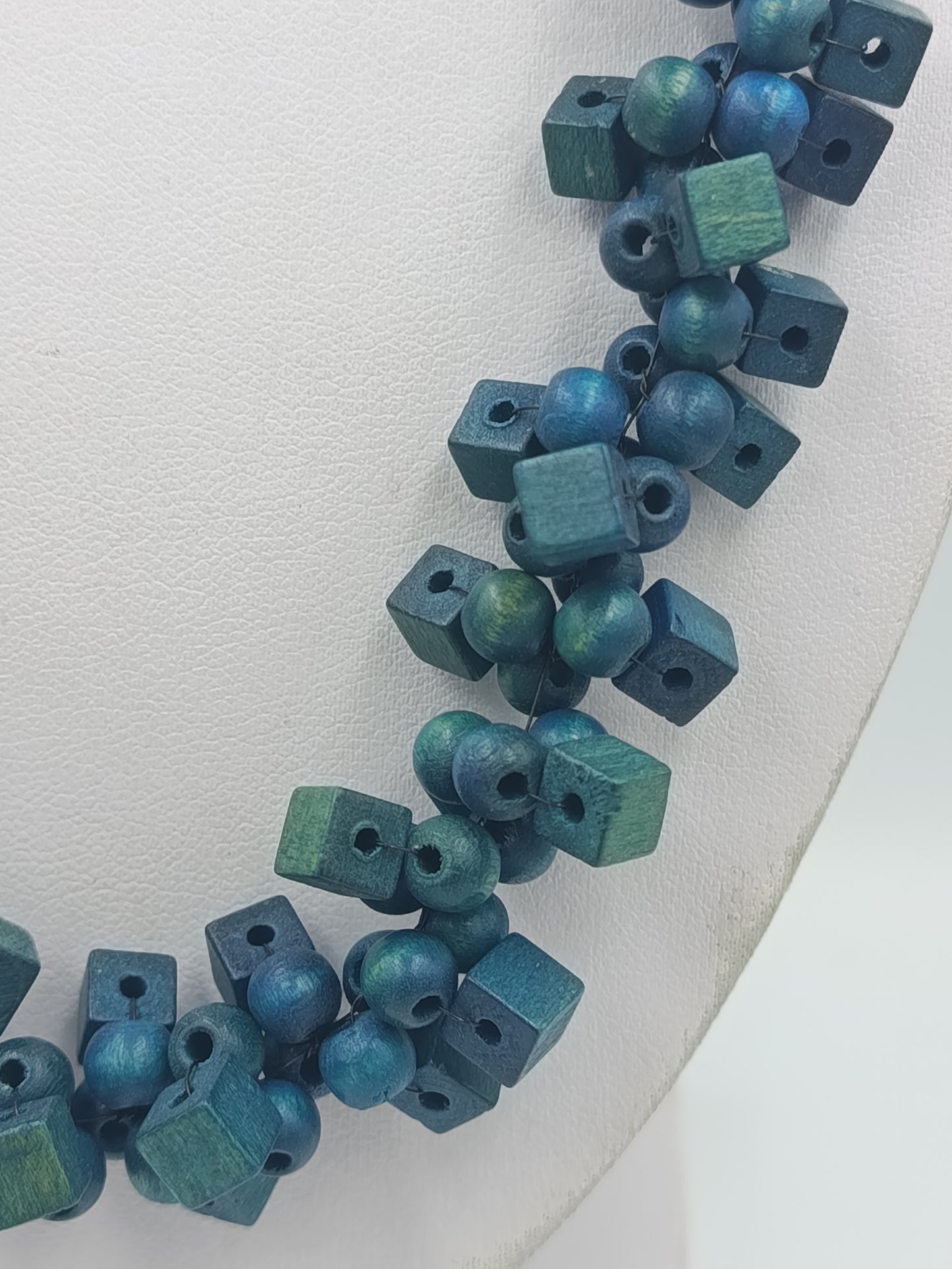 Statement Kette Blau-Grün – Holzperlen Würfel  Rund – Boho Design