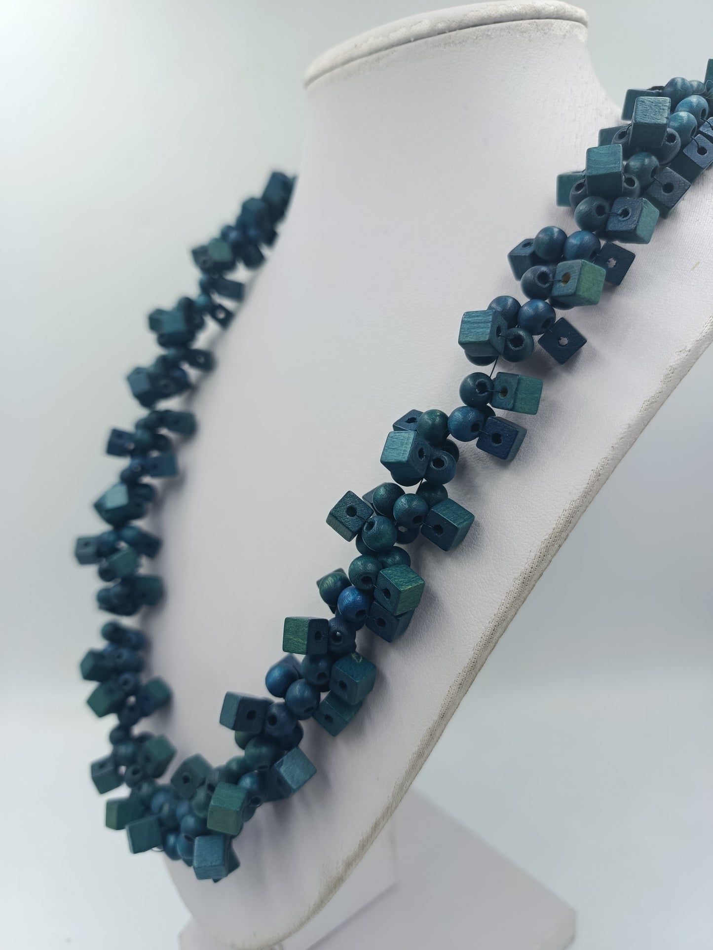 Statement Kette Blau-Grün – Holzperlen Würfel  Rund – Boho Design