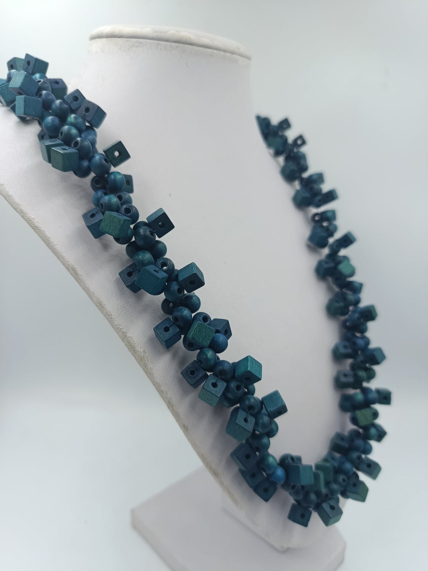 Statement Kette Blau-Grün – Holzperlen Würfel  Rund – Boho Design
