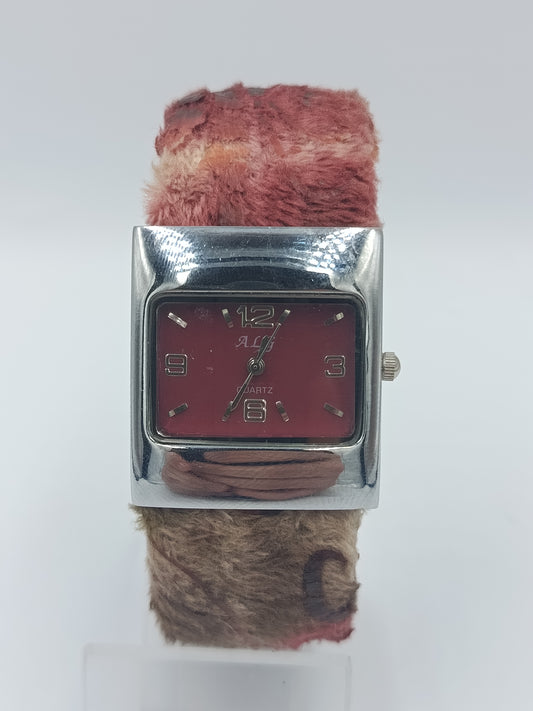 Vintage Damenarmbanduhr ALB Quartz – Edelstahl – rotes Zifferblatt