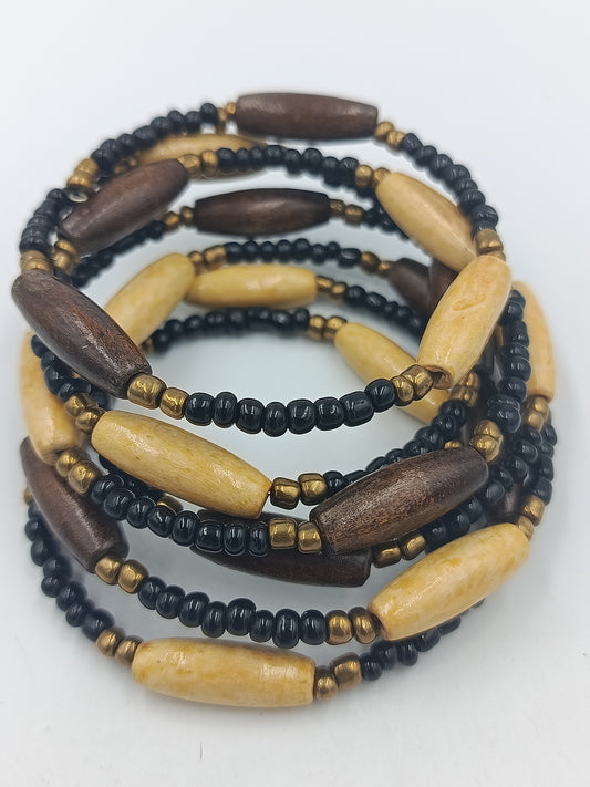 Boho Wickelarmband Holz Perlen – mehrreihig elastisch – Ethno Stil