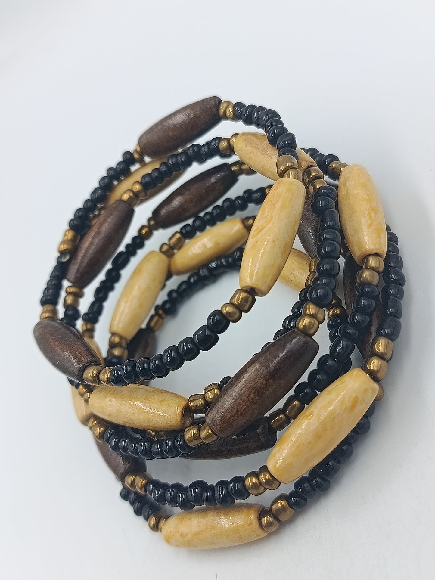 Boho Wickelarmband Holz Perlen – mehrreihig elastisch – Ethno Stil