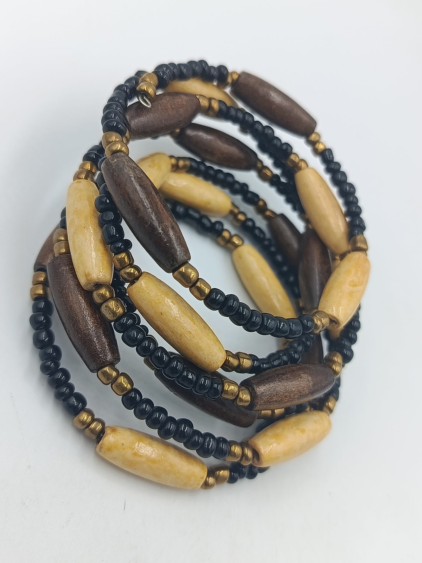 Boho Wickelarmband Holz Perlen – mehrreihig elastisch – Ethno Stil