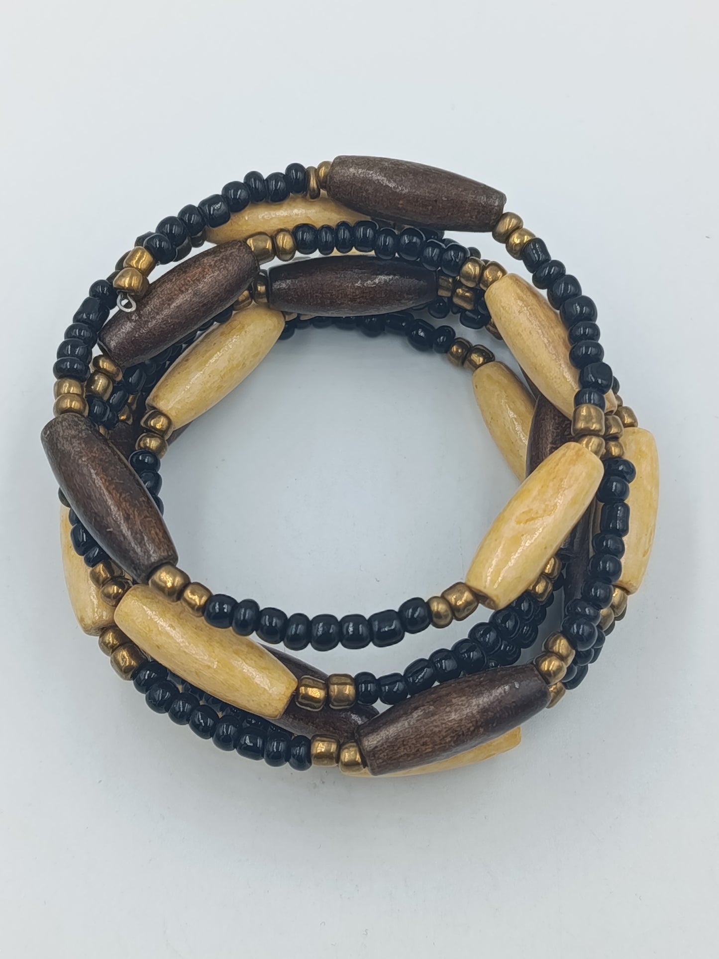 Boho Wickelarmband Holz Perlen – mehrreihig elastisch – Ethno Stil