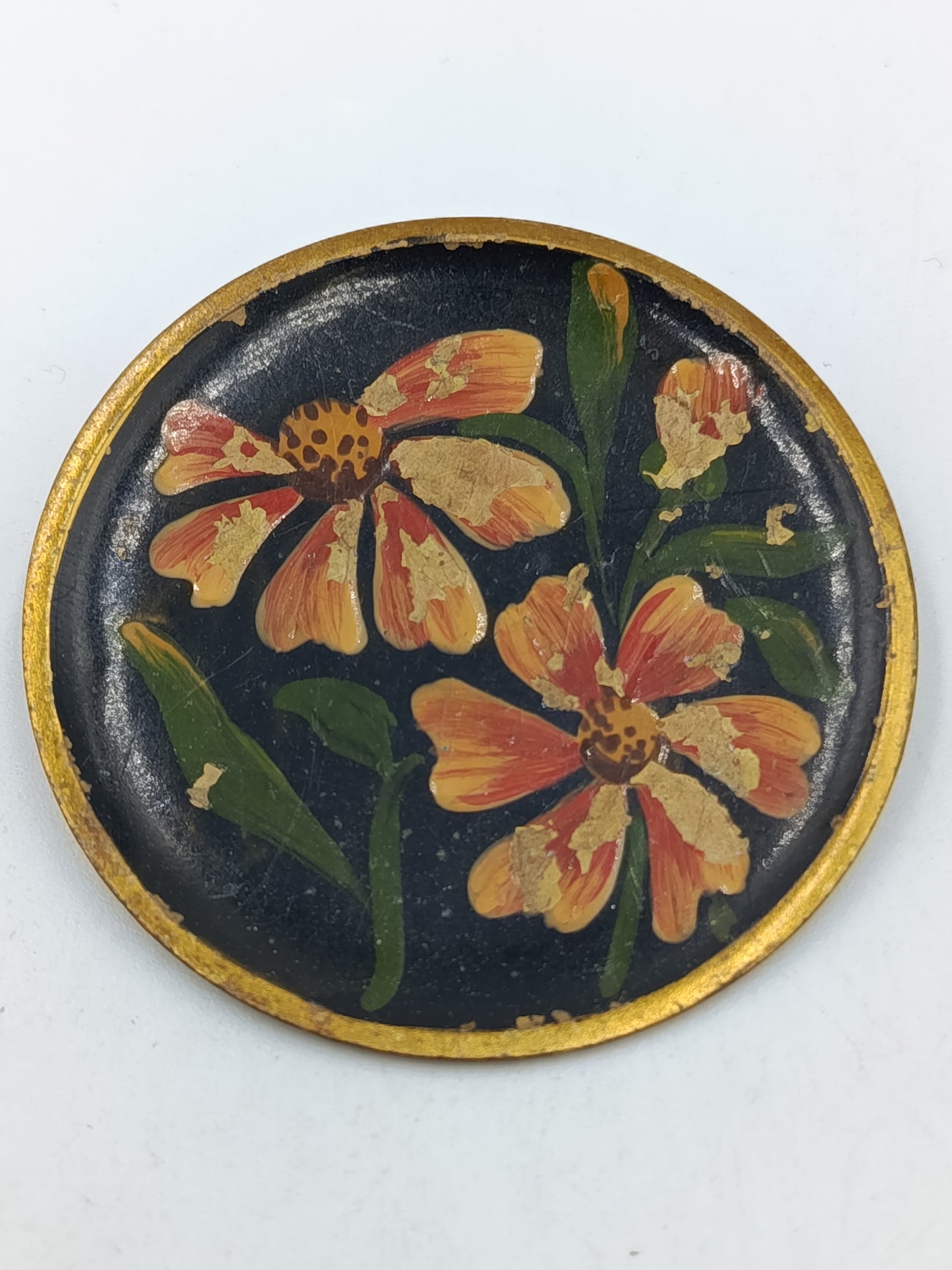 Vintage Brosche / Anstecknadel mit Blumenmotiv – handbemalt