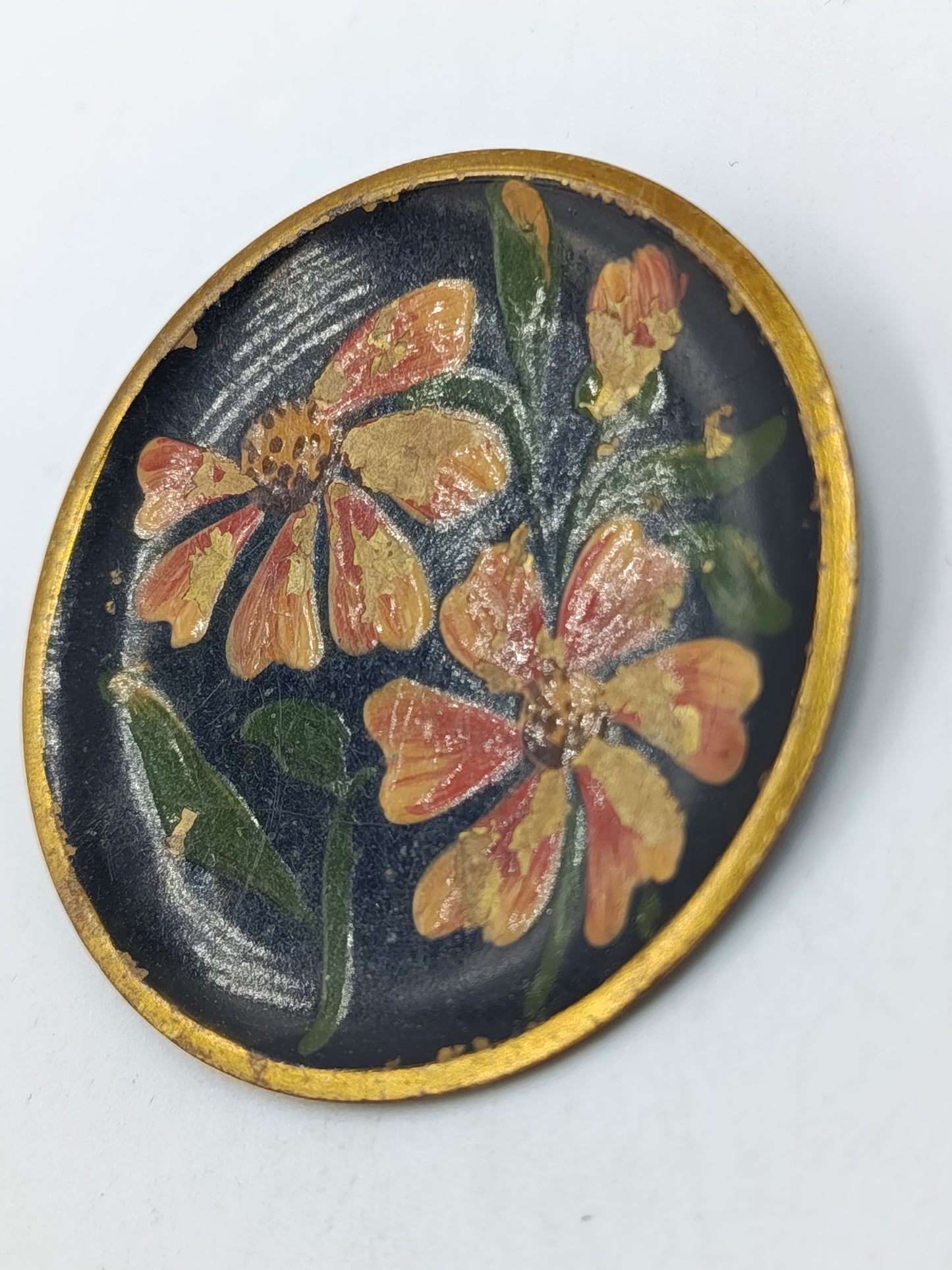 Vintage Brosche / Anstecknadel mit Blumenmotiv – handbemalt