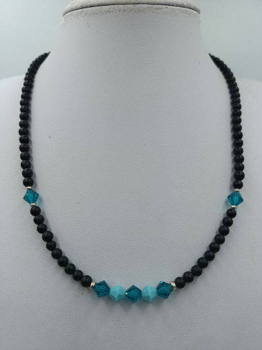 Vintage Perlenkette mit 925 Silber Verschluss Blau Schwarz
