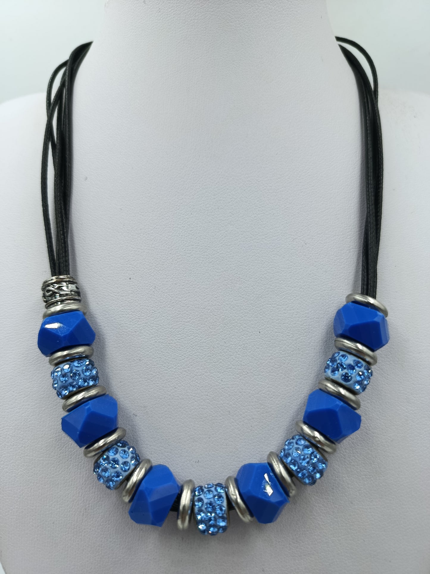 Vintage Statement Kette Blau Strass Lederoptik Collier
