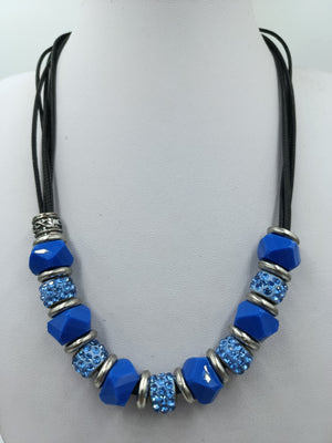 Vintage Statement Kette Blau Strass Lederoptik Collier