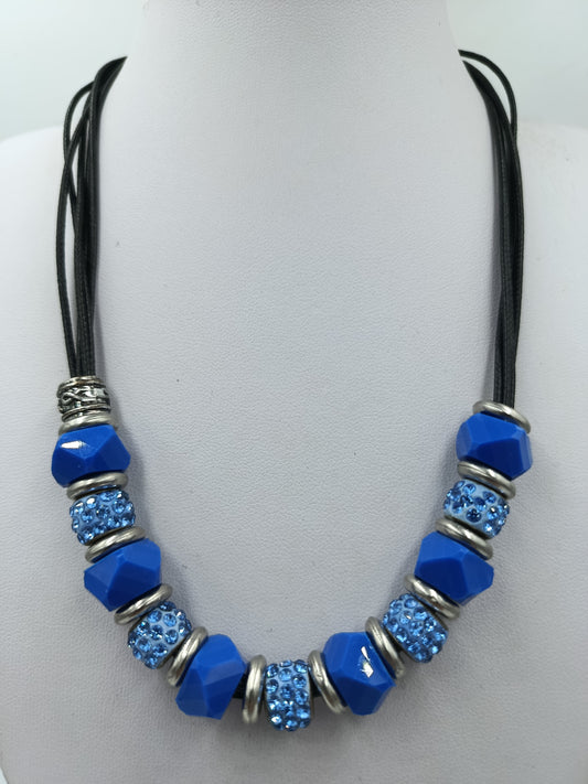 Vintage Statement Kette Blau Strass Lederoptik Collier