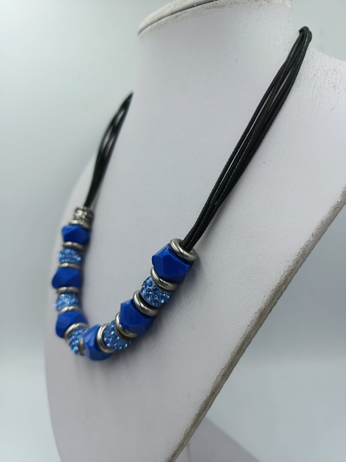 Vintage Statement Kette Blau Strass Lederoptik Collier