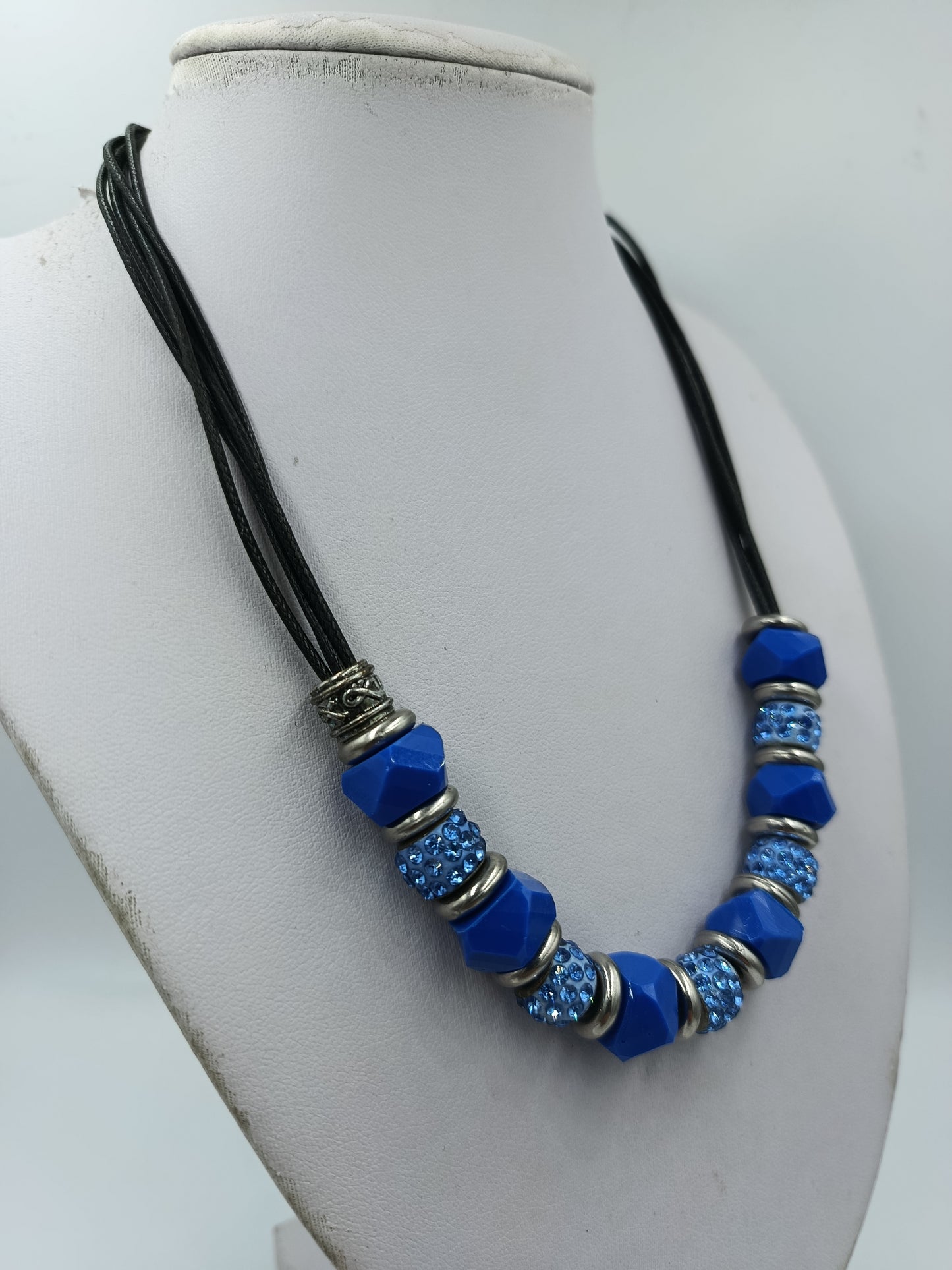 Vintage Statement Kette Blau Strass Lederoptik Collier
