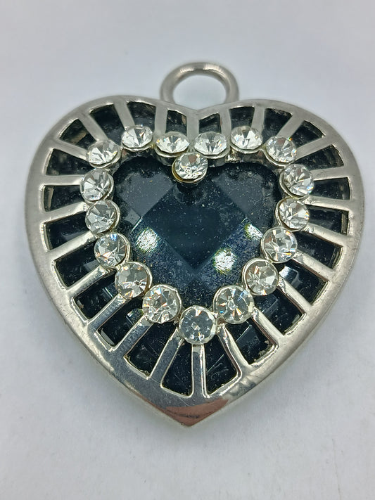 Vintage Herz Anhänger Silberfarben mit Strass und Schwarzem Stein