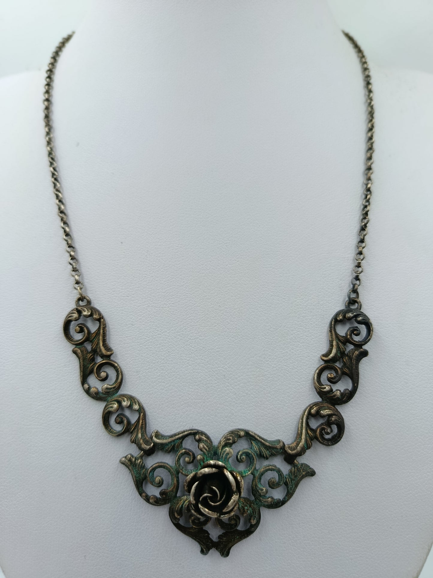 Vintage 925 Silber Collier Mit Ornamenten Und Rosenmotiv