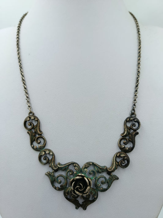 Vintage 925 Silber Collier Mit Ornamenten Und Rosenmotiv