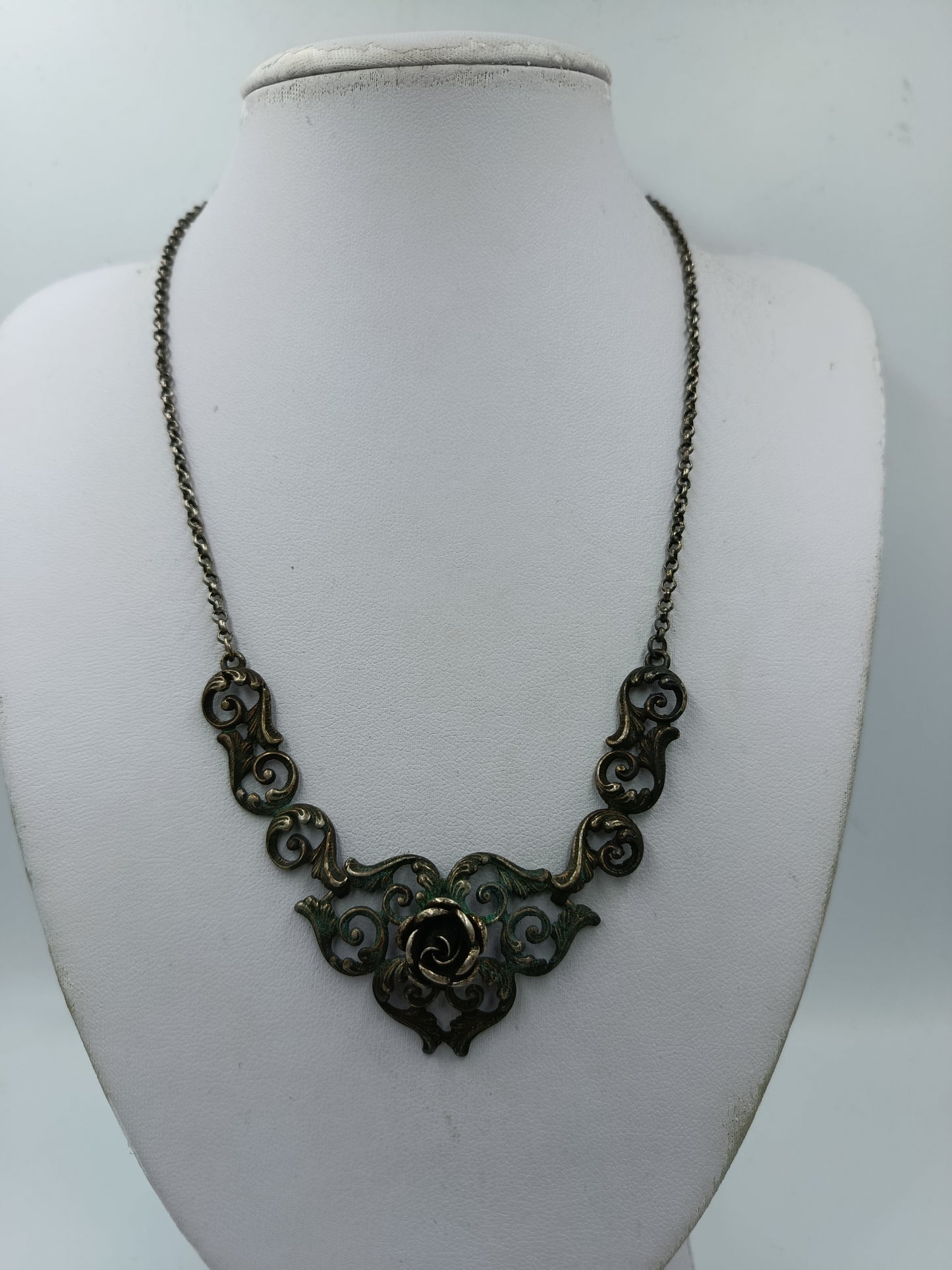 Vintage 925 Silber Collier Mit Ornamenten Und Rosenmotiv