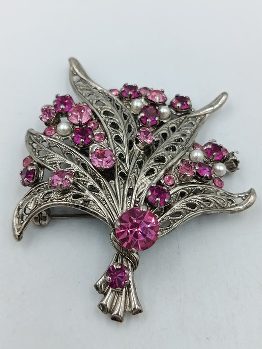 Vintage Brosche Mit Pinken Strasssteinen Und Perlendekor