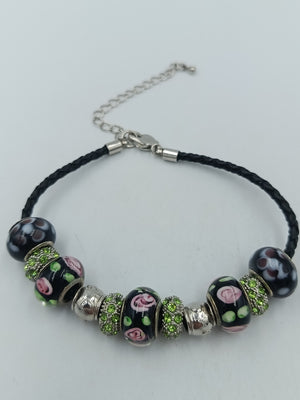 Vintage Charm Armband Leder Glasperlen Rosen Strass