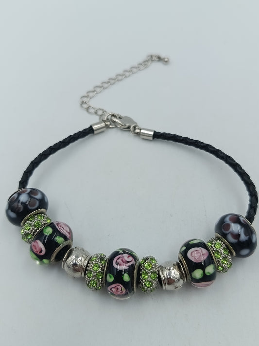 Vintage Charm Armband Leder Glasperlen Rosen Strass