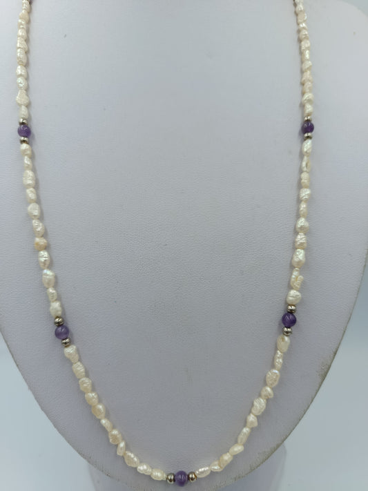 Vintage Perlenkette Weiss Lila Schmucksteine Elegant