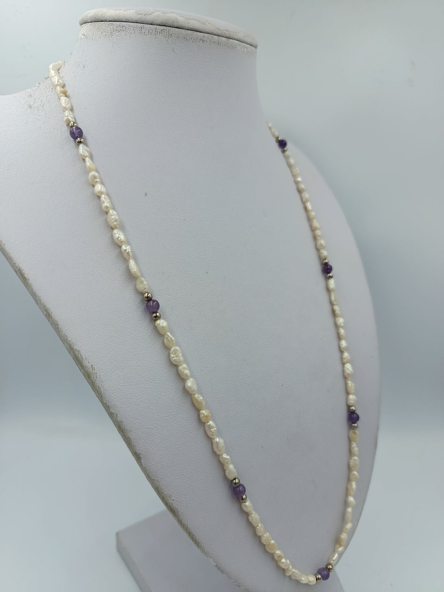 Vintage Perlenkette Weiss Lila Schmucksteine Elegant