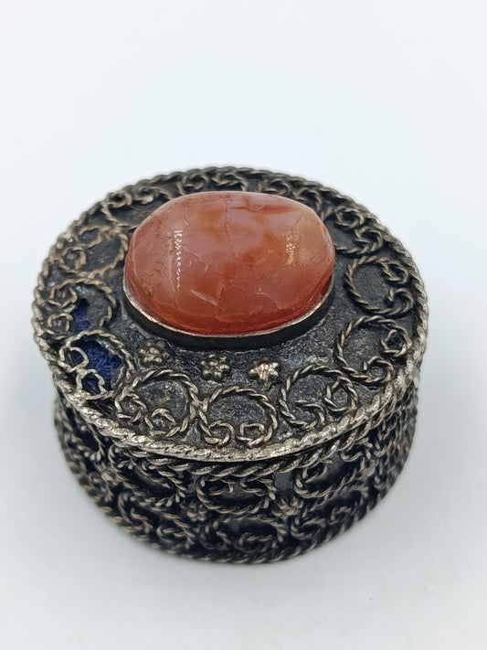 Vintage Schmuckdose Silberfarben Mit Korallenstein