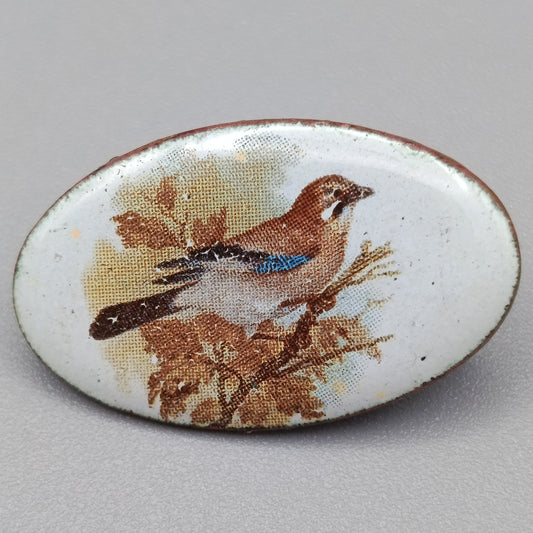 Vintage Emaille Brosche – Ovaler Pin mit Vogel Motiv