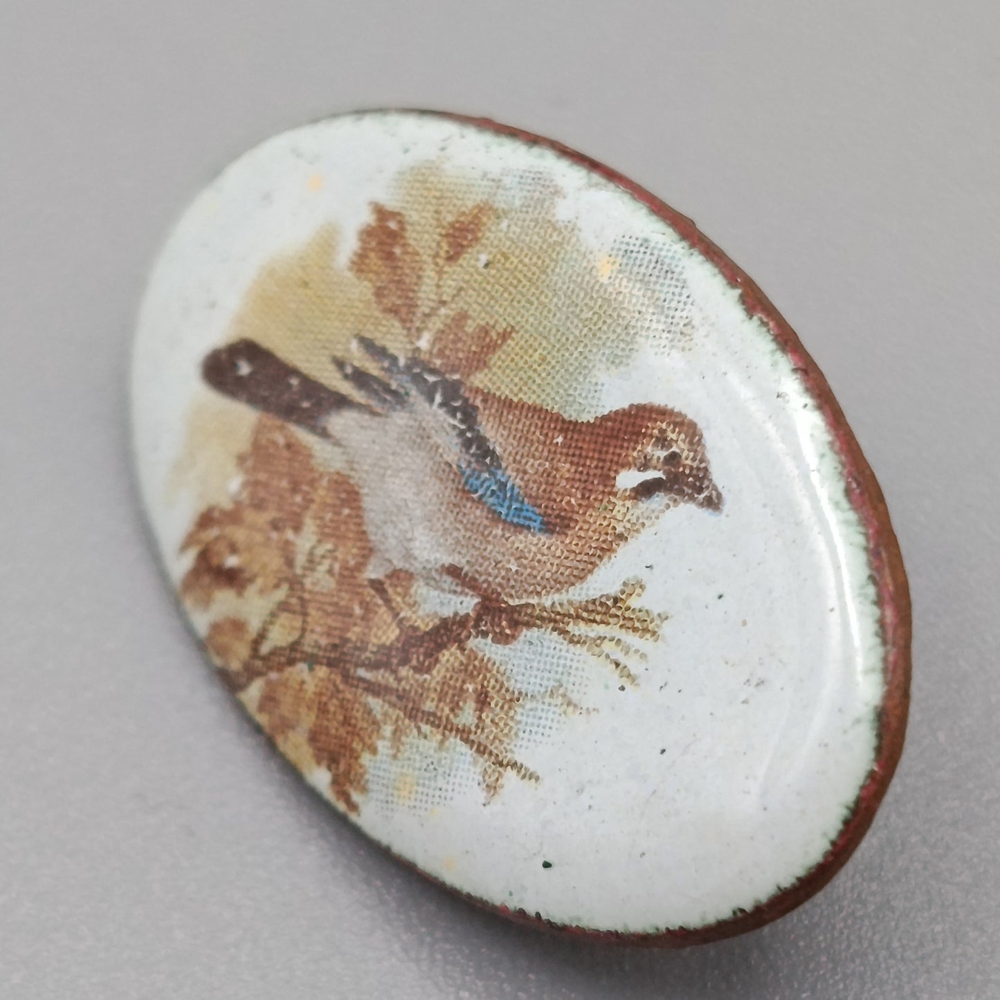 Vintage Emaille Brosche – Ovaler Pin mit Vogel Motiv