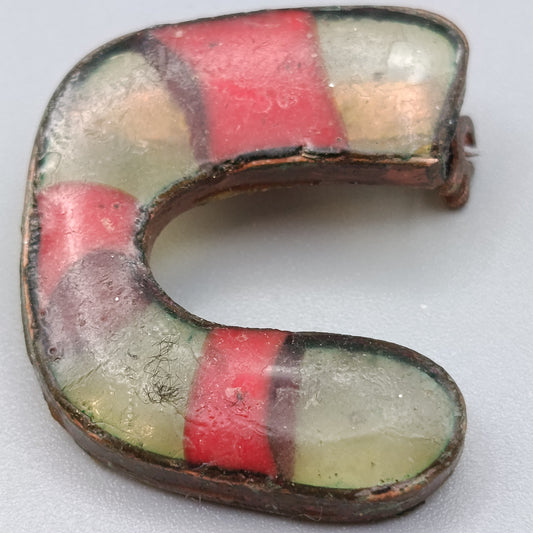 Vintage Emaille Brosche – Hufeisen Form rot grün bunt