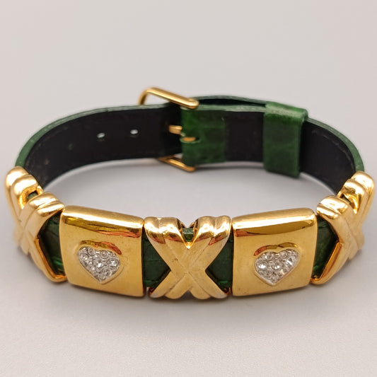Elegantes Damen Armband Grünes Leder mit Herz-Elementen