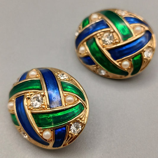 Elegante Vintage Ohr clips – Farbige Emaille, Perlen und Strass