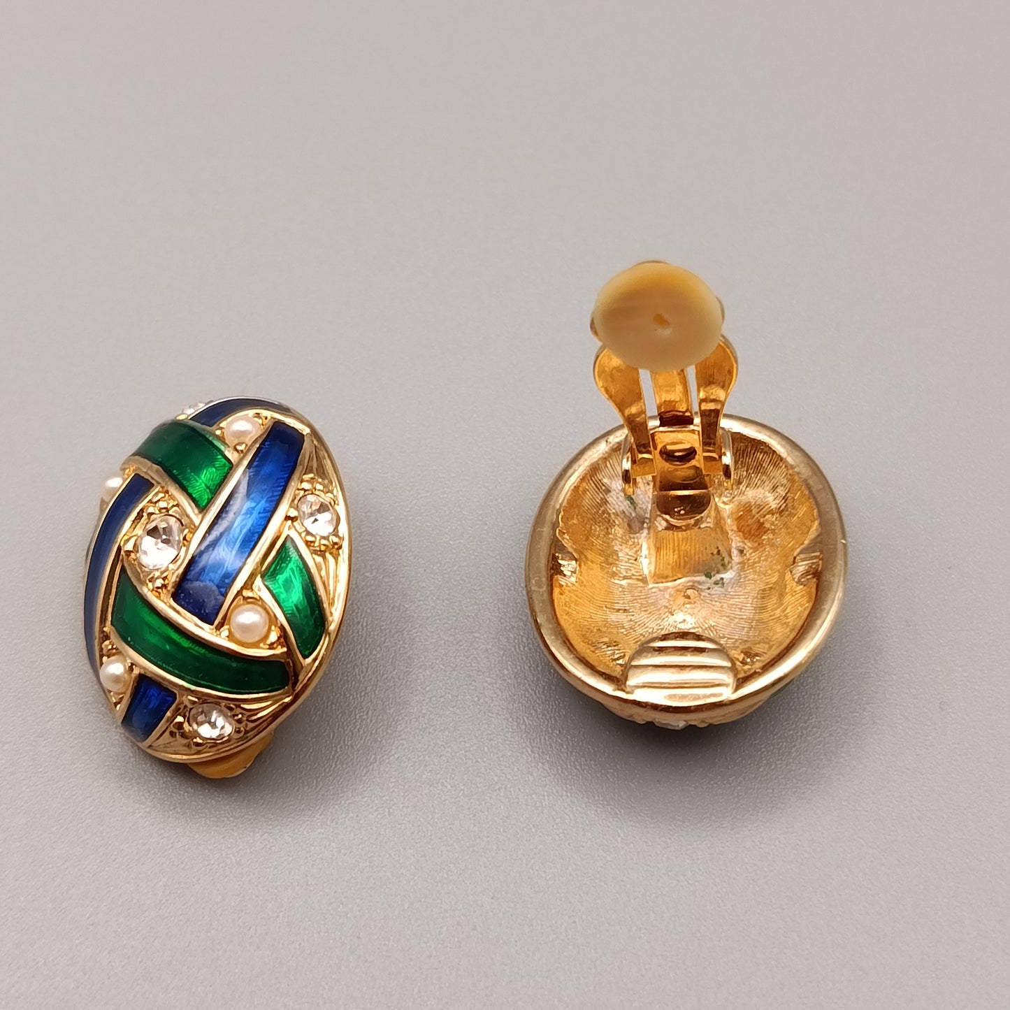 Elegante Vintage Ohr clips – Farbige Emaille, Perlen und Strass