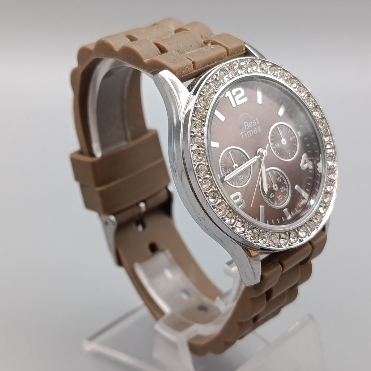 Moderne Best Times Damen Uhr – Braun mit Strasssteinen