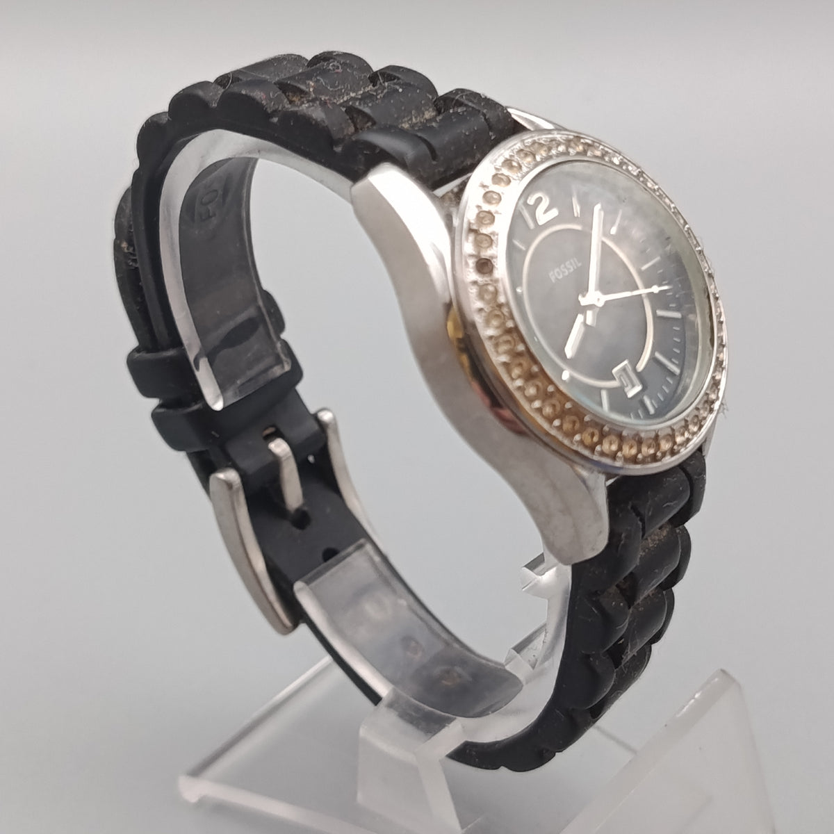 Moderne Fossil Damen Uhr – Schwarz mit Strasslünette