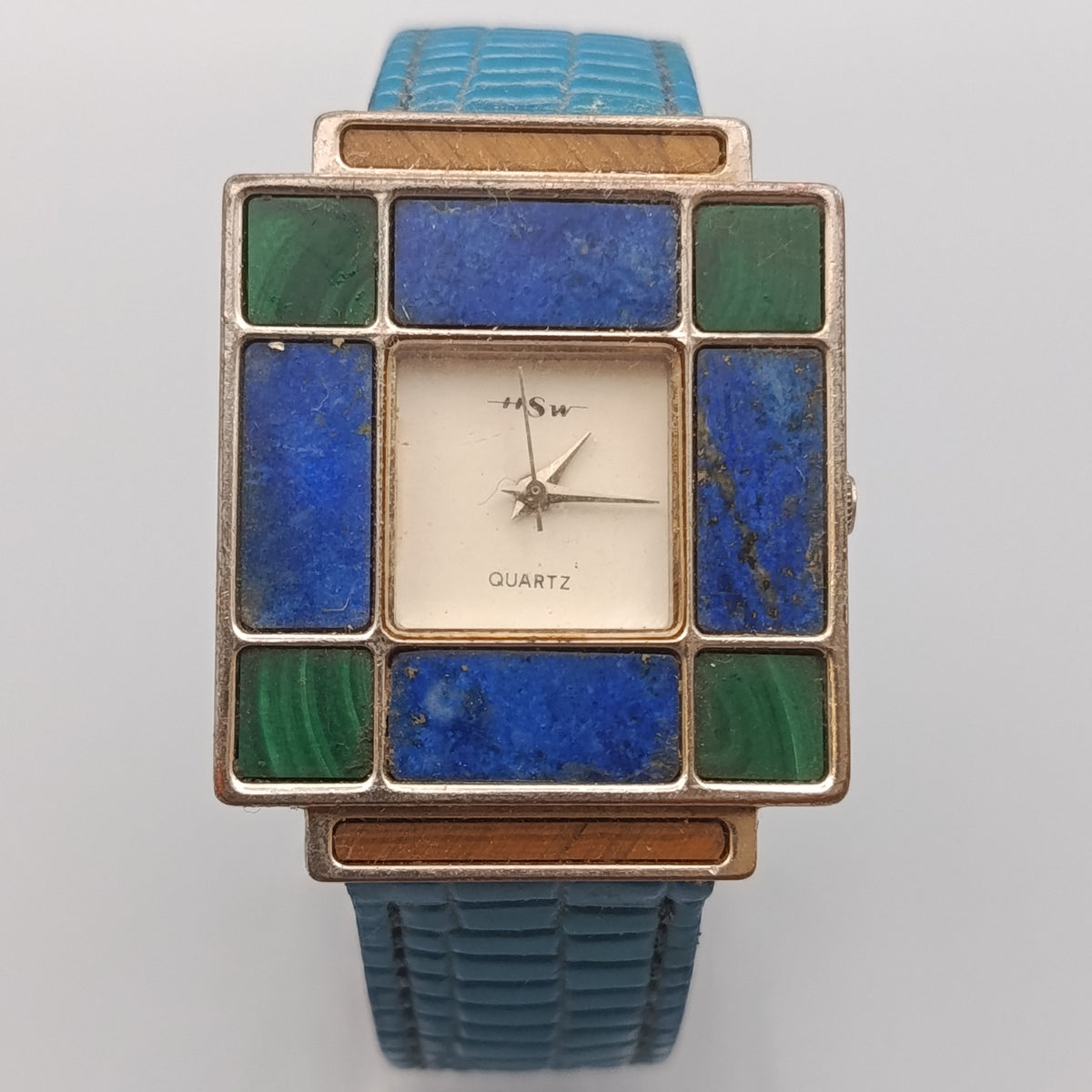 Damen Uhr mit Stein-Mosaik – Blaues Lederarmband
