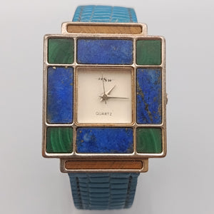 Damen Uhr mit Stein-Mosaik – Blaues Lederarmband