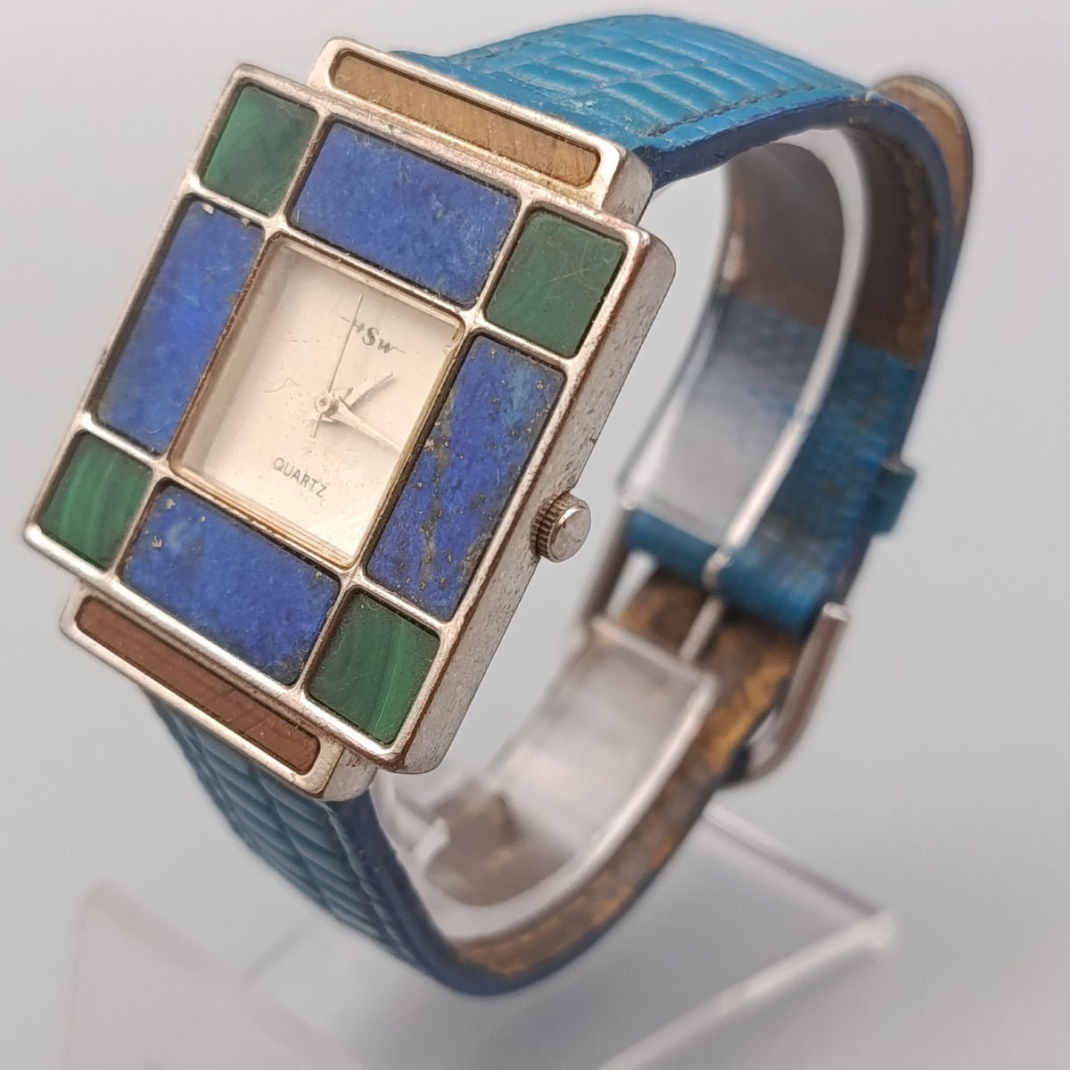 Damen Uhr mit Stein-Mosaik – Blaues Lederarmband