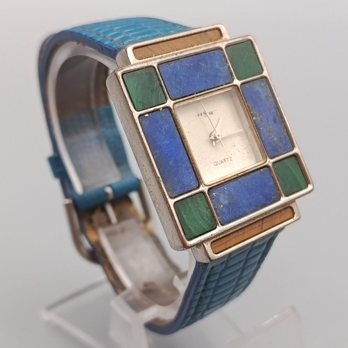 Damen Uhr mit Stein-Mosaik – Blaues Lederarmband