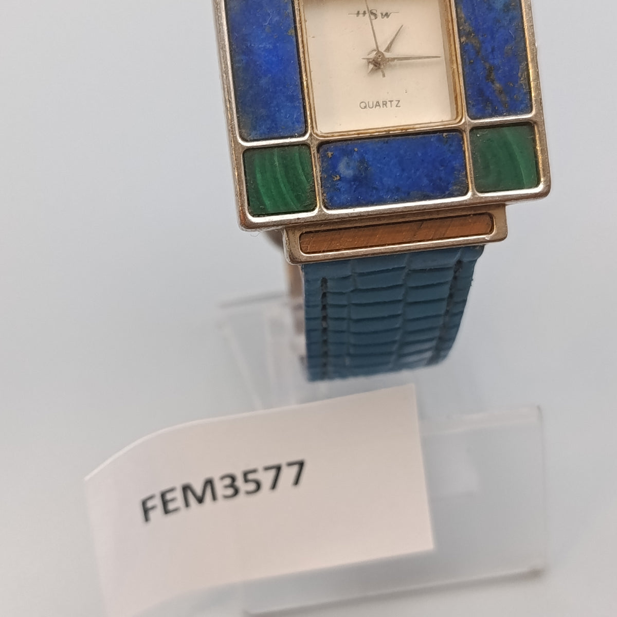 Damen Uhr mit Stein-Mosaik – Blaues Lederarmband