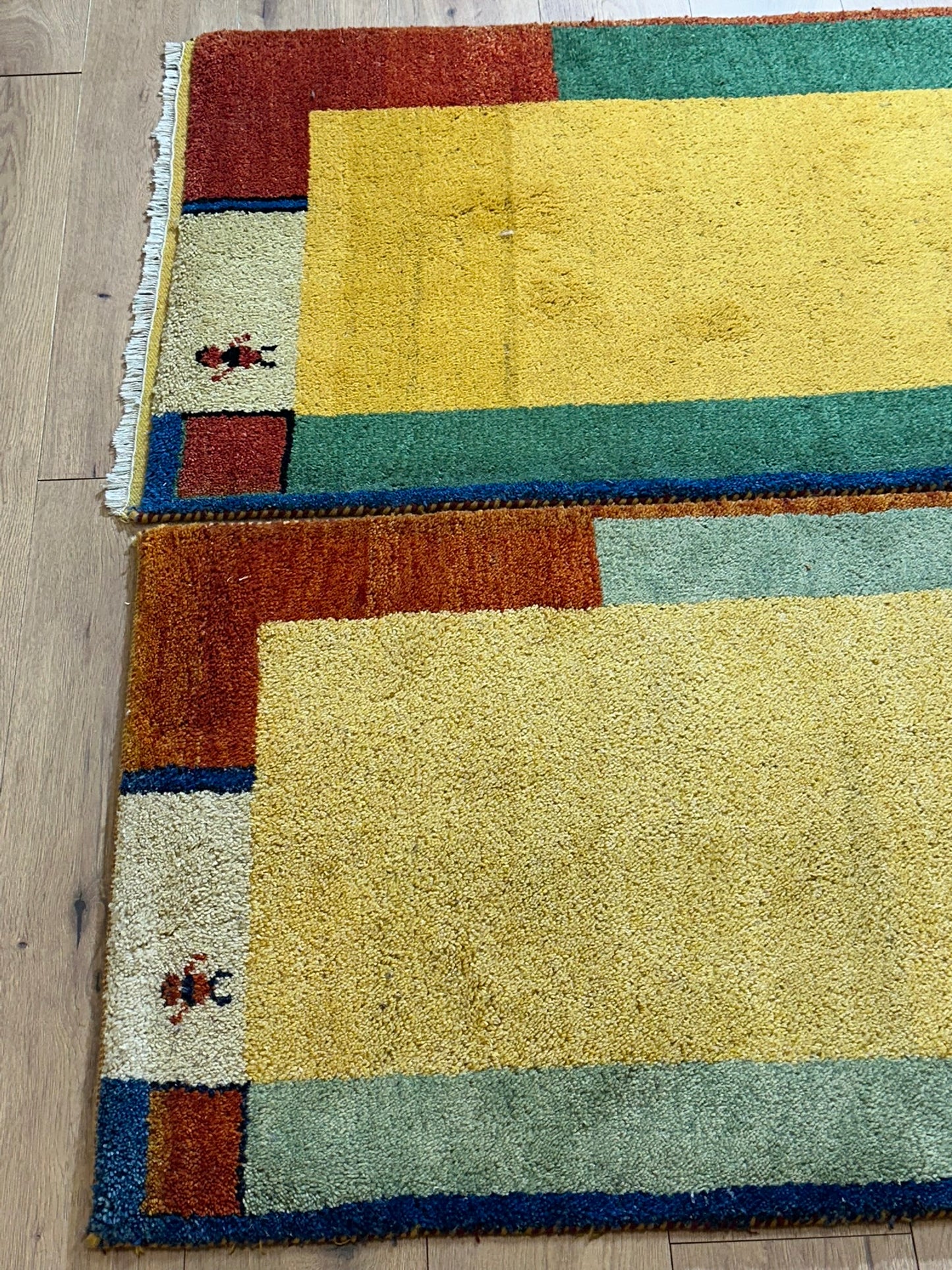 Indisches Gabbeh Teppich 2er Set Handgeknüpft Gelb Bunt 138x76 / 136x70 cm