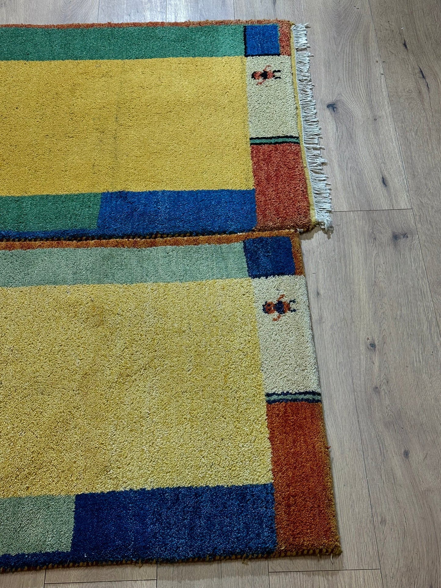 Indisches Gabbeh Teppich 2er Set Handgeknüpft Gelb Bunt 138x76 / 136x70 cm