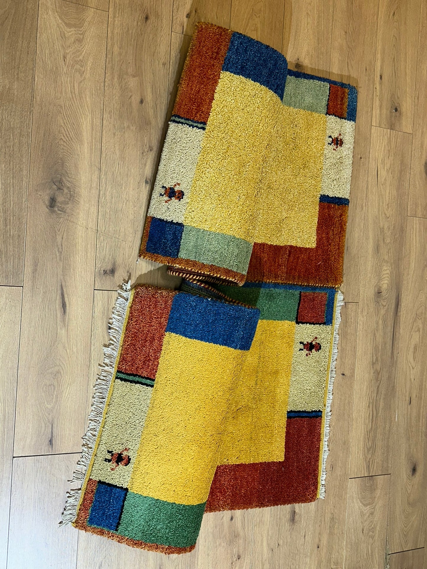 Indisches Gabbeh Teppich 2er Set Handgeknüpft Gelb Bunt 138x76 / 136x70 cm