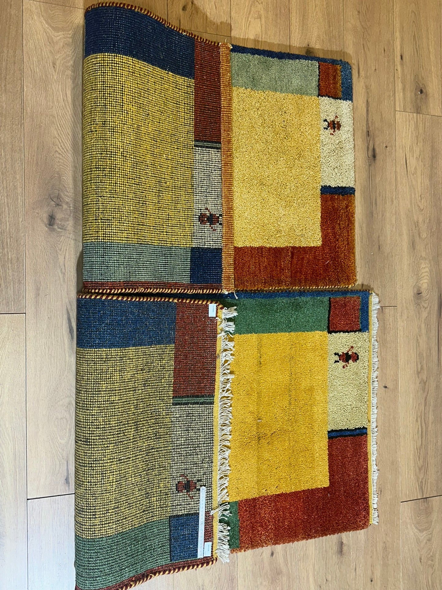 Indisches Gabbeh Teppich 2er Set Handgeknüpft Gelb Bunt 138x76 / 136x70 cm