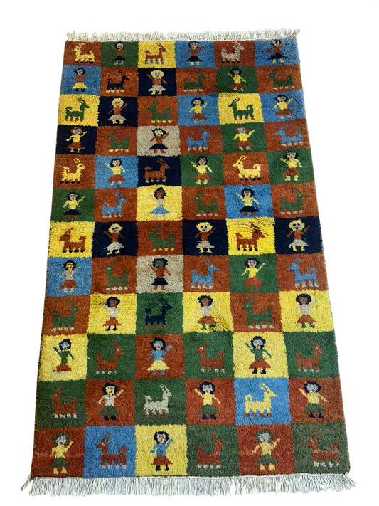 Indischer Gabbeh Orientteppich Handgeknüpft Bunt Schachbrett 160x80 cm