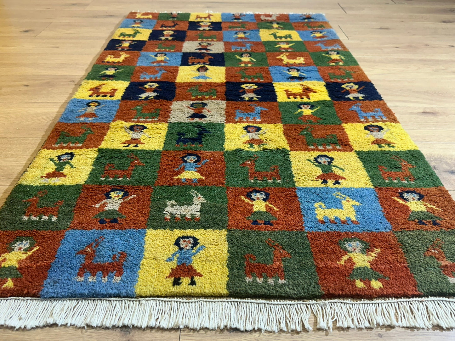 Indischer Gabbeh Orientteppich Handgeknüpft Bunt Schachbrett 160x80 cm