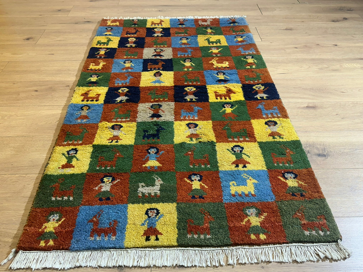 Indischer Gabbeh Orientteppich Handgeknüpft Bunt Schachbrett 160x80 cm