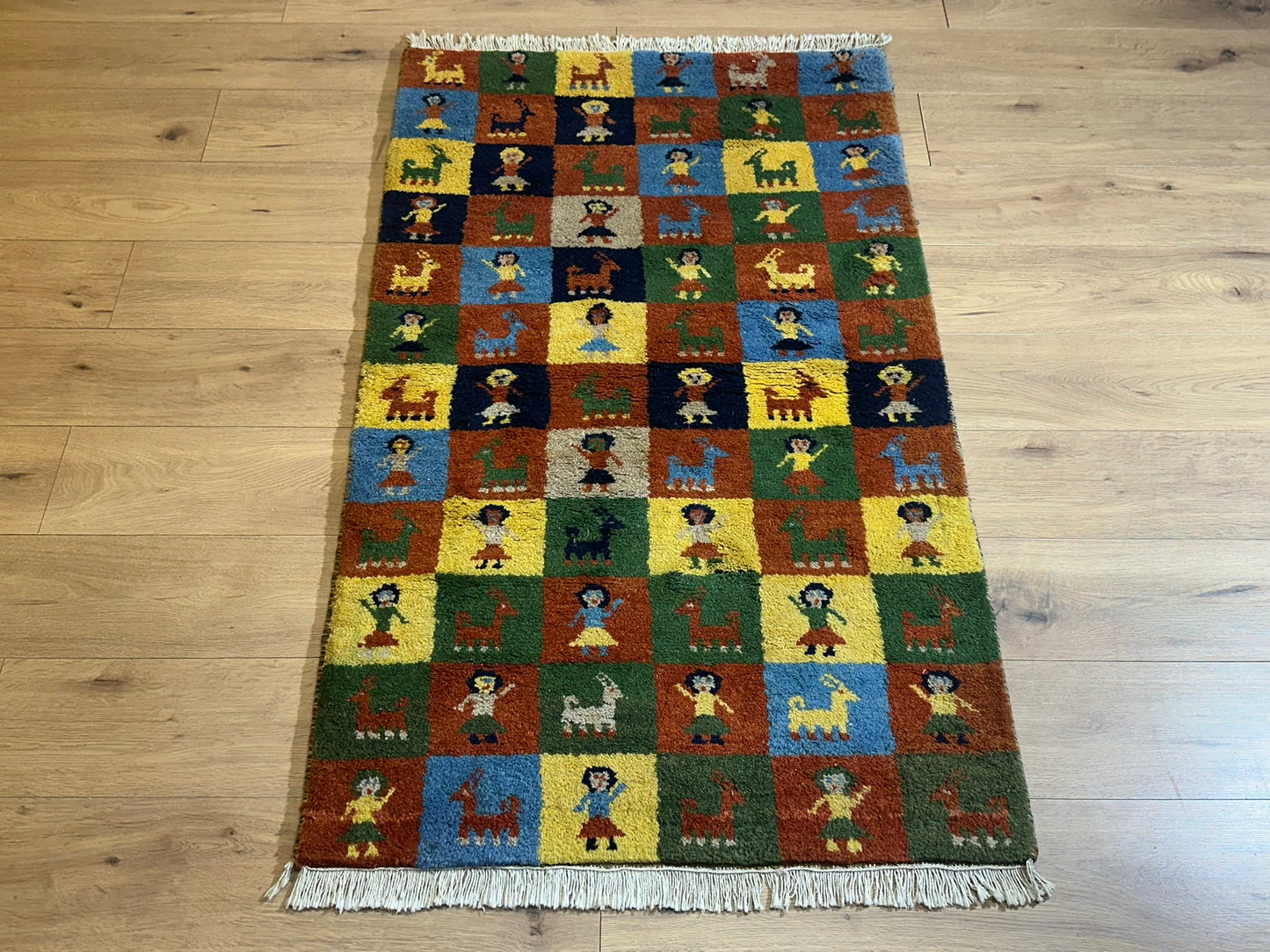 Indischer Gabbeh Orientteppich Handgeknüpft Bunt Schachbrett 160x80 cm