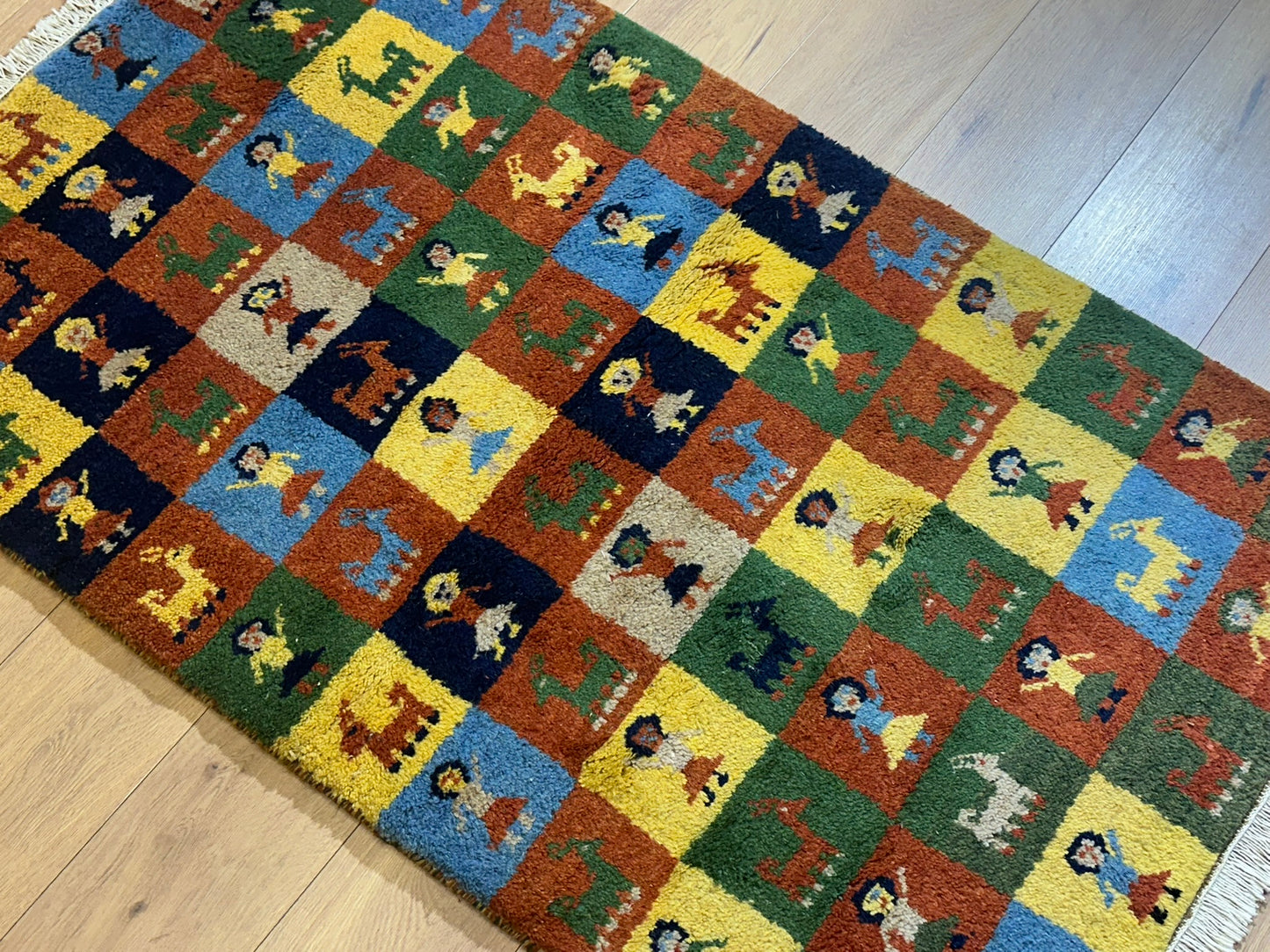 Indischer Gabbeh Orientteppich Handgeknüpft Bunt Schachbrett 160x80 cm
