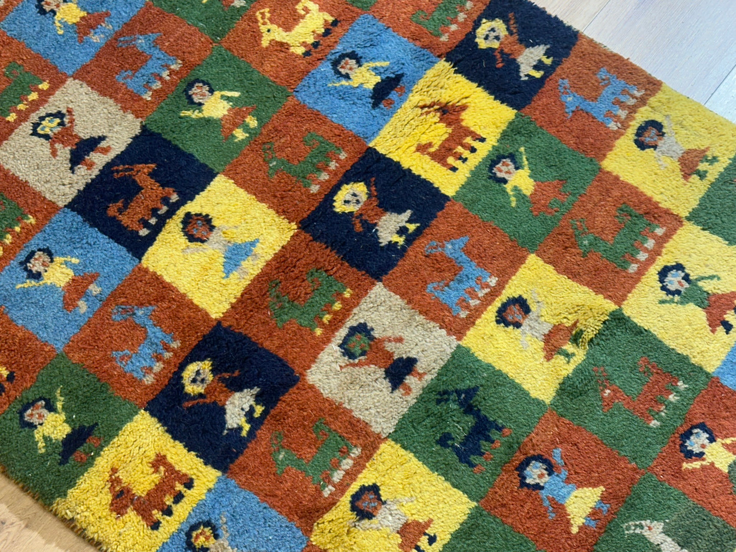 Indischer Gabbeh Orientteppich Handgeknüpft Bunt Schachbrett 160x80 cm