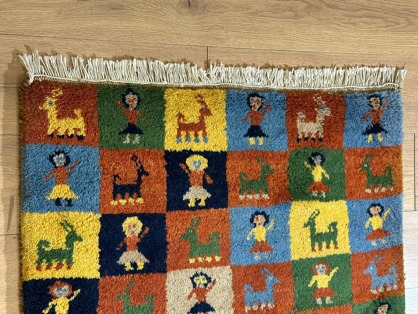 Indischer Gabbeh Orientteppich Handgeknüpft Bunt Schachbrett 160x80 cm